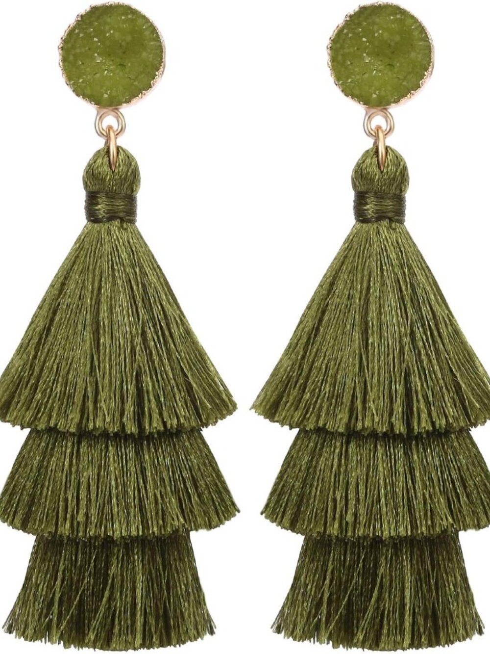Bohemian Tiered Tassel Earrings with Druzy Stud for Women